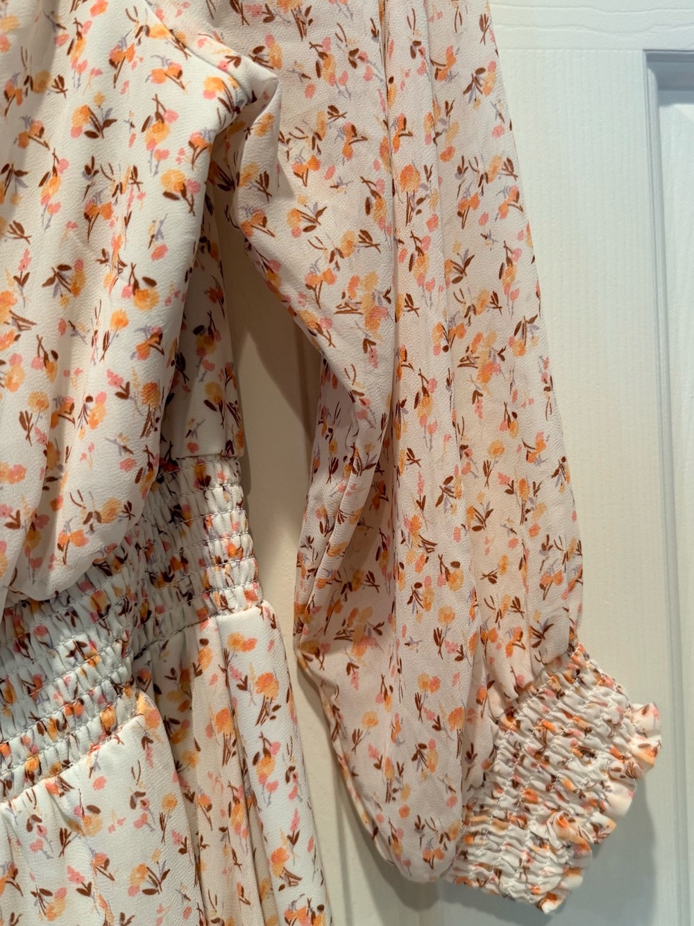 Luxology Long-Sleeve Floral Maxi High Low Dress in Cream and Coral Pink - Picture 6 of 8